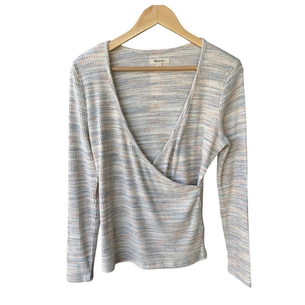 Madewell Sweater Top Space Dyed Faux Wrap Ribbed Long Sleeve Multi Color Medium